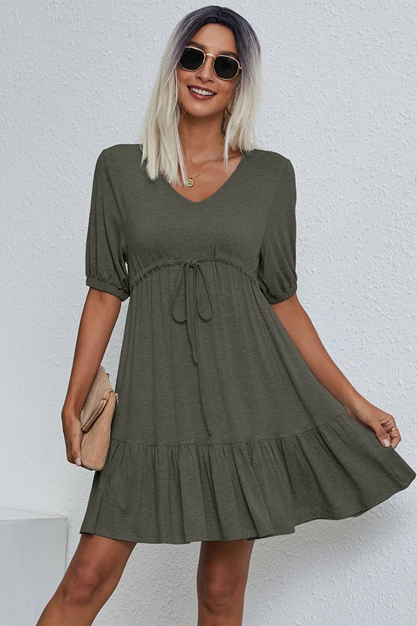 V Neck Drawstring Waist Solid Casual Mini Dress - Image 2