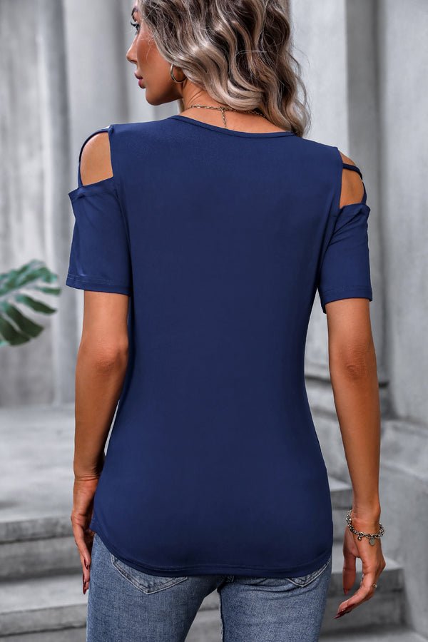 Cutout Shoulder Round Neck Casual Tops - Image 3