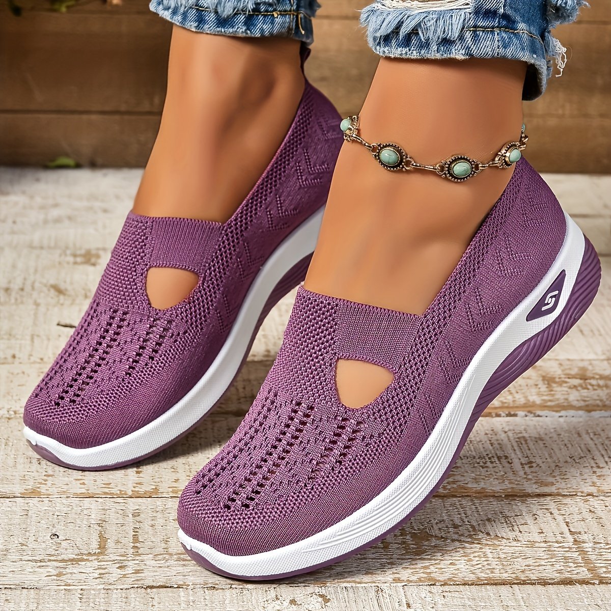 Women??s Cut-out Sneakers, Casual Breathable Slip On Walking Shoes, Lightweight Outdoor Flat Shoes - Image 16
