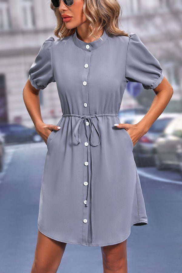 Button Drawstring Waist Casual Dress - Image 2