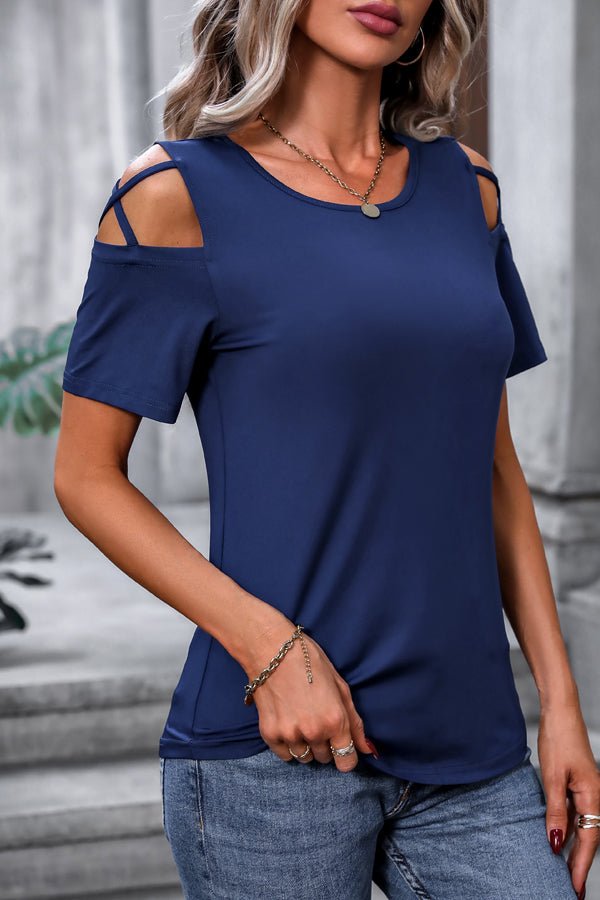 Cutout Shoulder Round Neck Casual Tops - Image 4