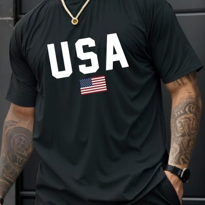 USA Print Men??s Creative Top, Casual Short Sleeve Crew Neck T-shirt, Men??s Clothing For Summer Outdoor