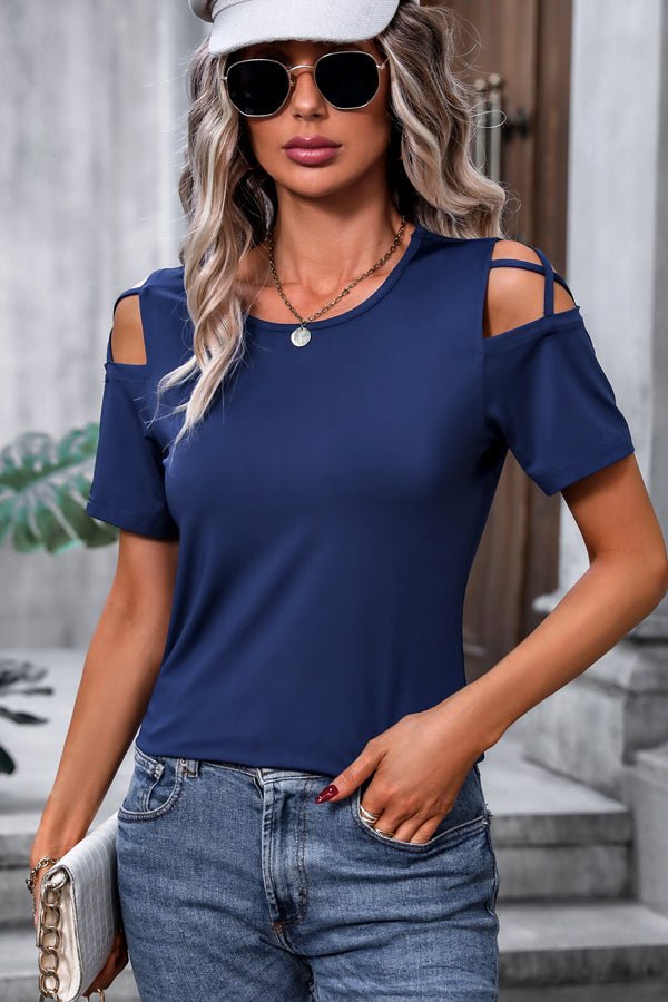 Cutout Shoulder Round Neck Casual Tops
