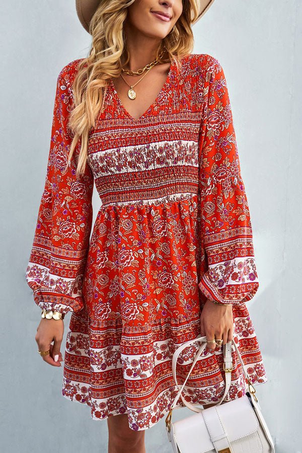 Bohemia Smocked Bust Long Sleeve Printed Dress - Image 5