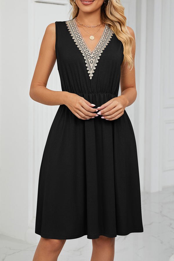 V Neck Patchwork High Waist Solid Color Dress - Image 3