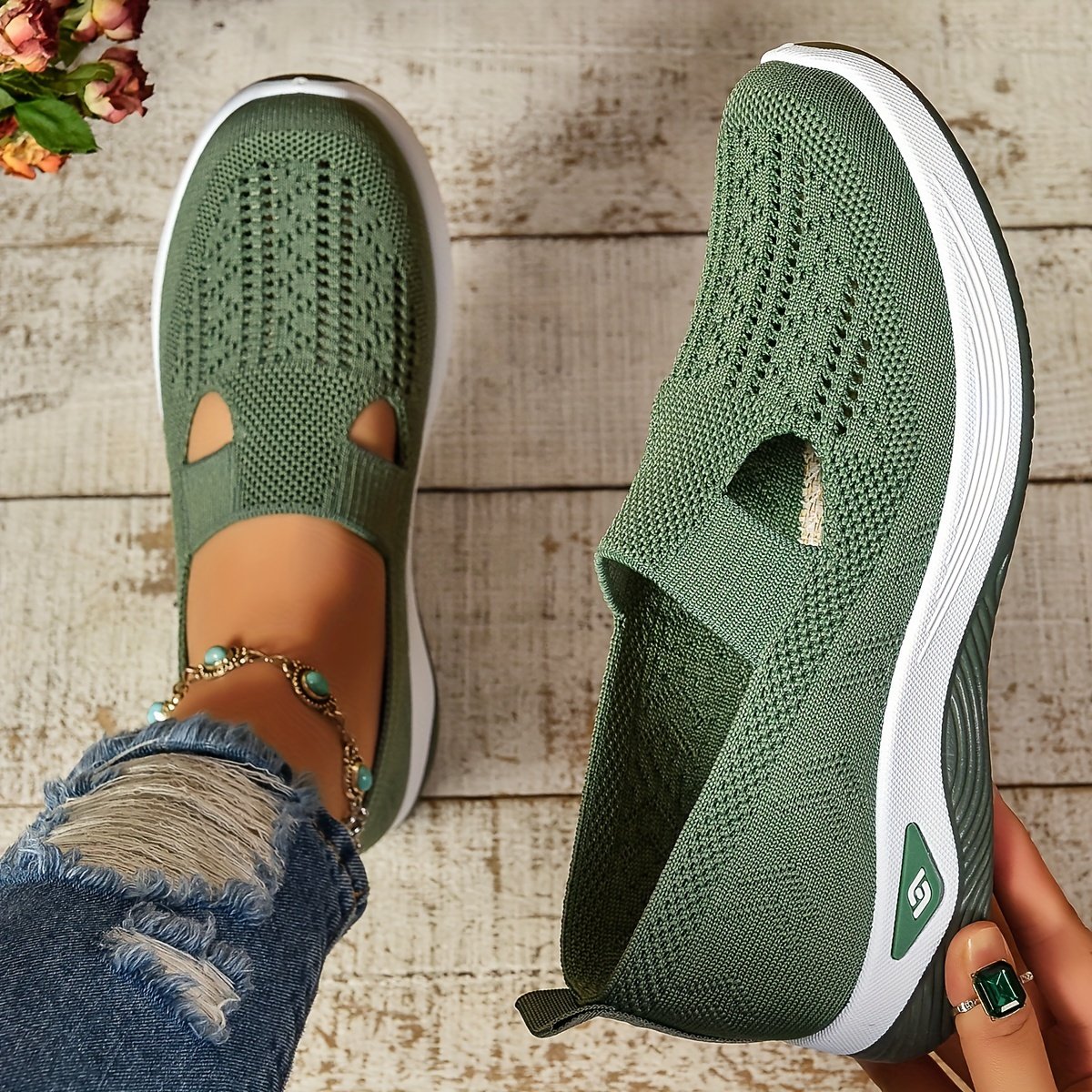 Women??s Cut-out Sneakers, Casual Breathable Slip On Walking Shoes, Lightweight Outdoor Flat Shoes - Image 11
