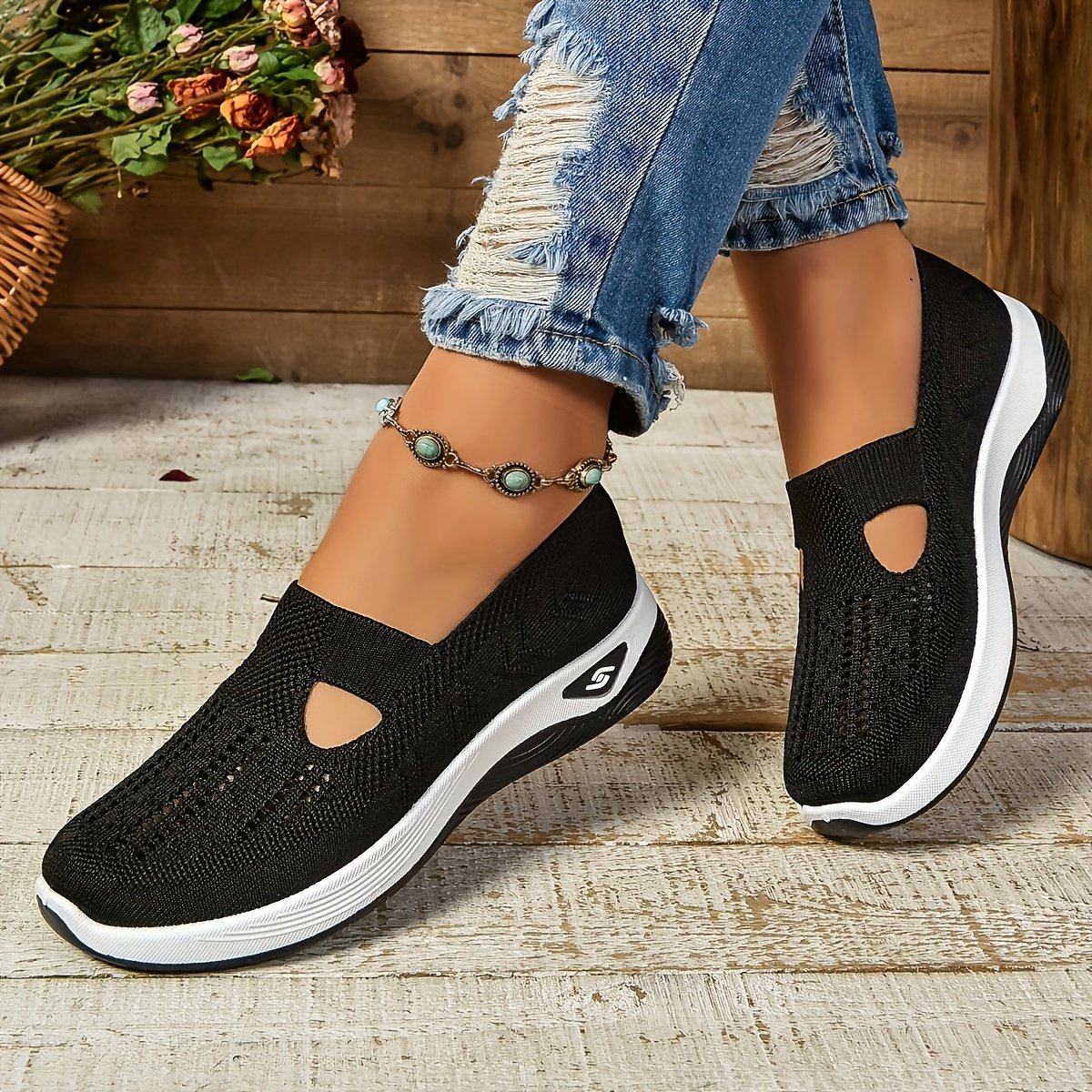 Women??s Cut-out Sneakers, Casual Breathable Slip On Walking Shoes, Lightweight Outdoor Flat Shoes - Image 15