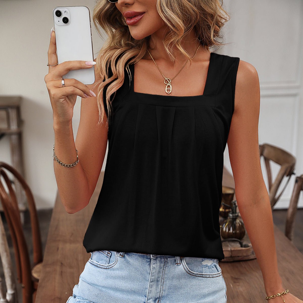 Black Square Neck Solid Color Sleeveless Casual Tops - Image 7