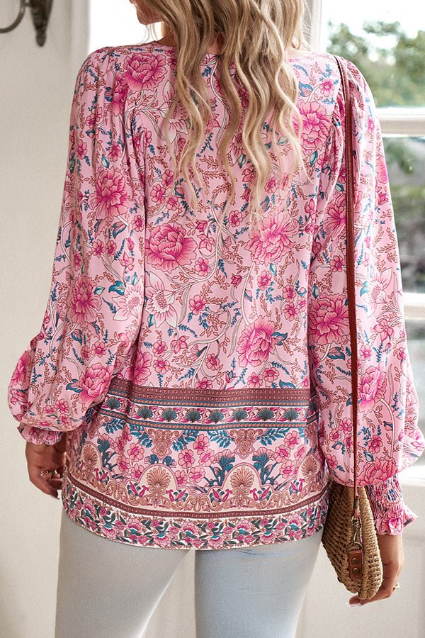 V Neck Floral Print Long Sleeve Casual Tops - Image 4