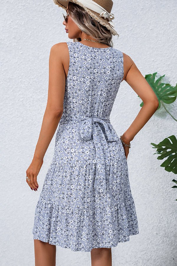 Fashion Floral Print V Neck Tie Waist Dress - Image 5