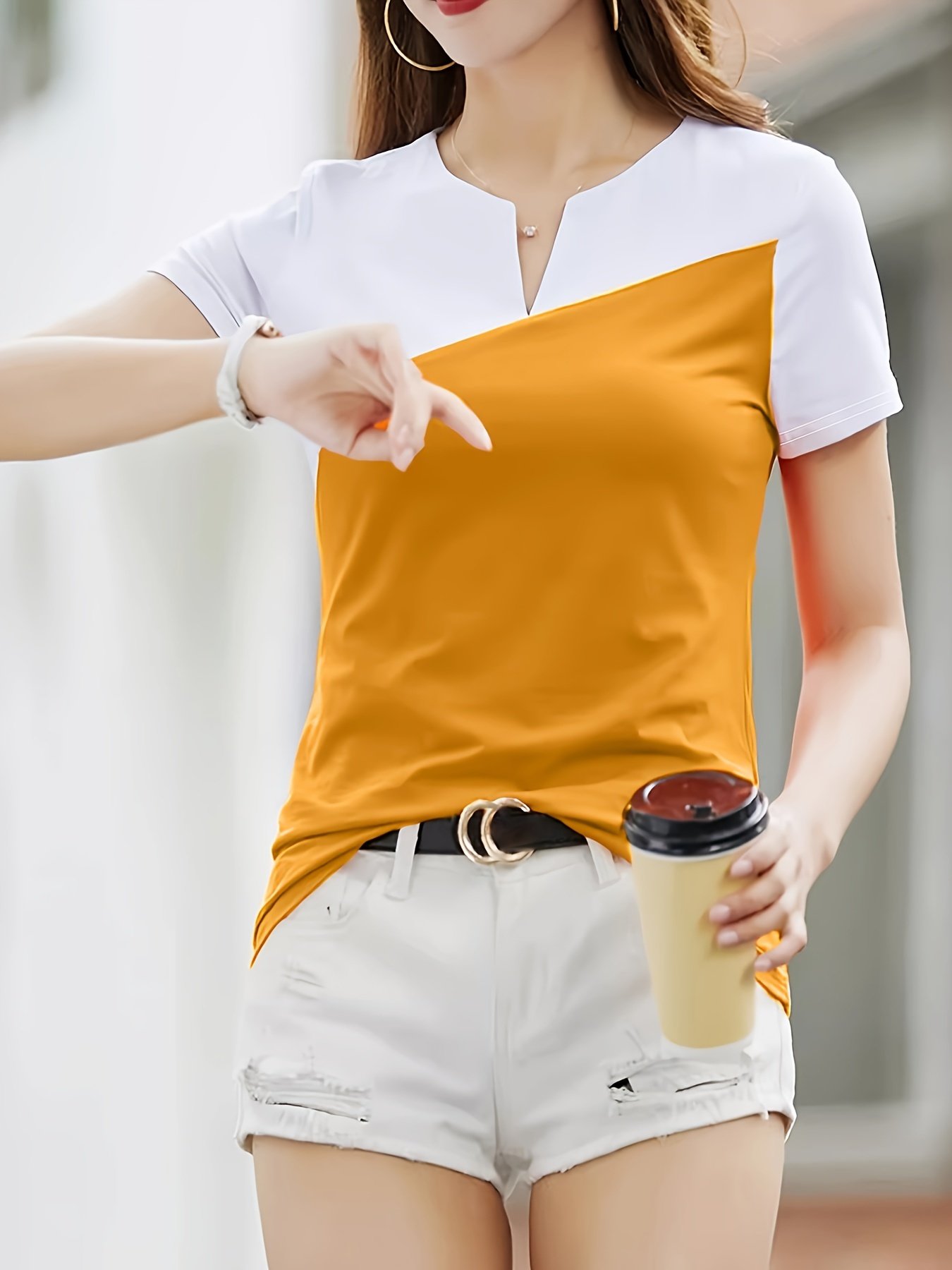 Color Block Notched Neck T-Shirt, Chic Short Sleeve T-Shirt For Spring & Summer, Women??s Clothing