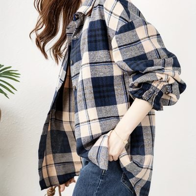 Plaid Print Button Front Blouse, Casual Long Sleeve Blouse For Spring & Fall, Women??s Clothing