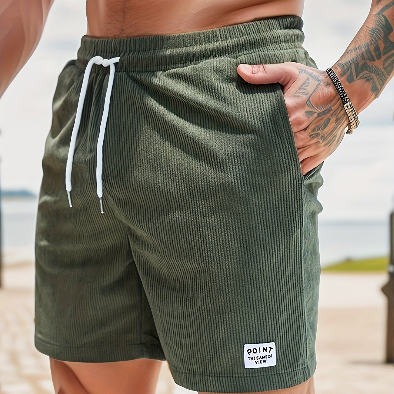 Men??s Label Patchwork Regular Fit Solid Shorts With Drawstring And Pockets, Casual And Chic Shorts For Summer Beach And Daily Leisurewear - Image 16