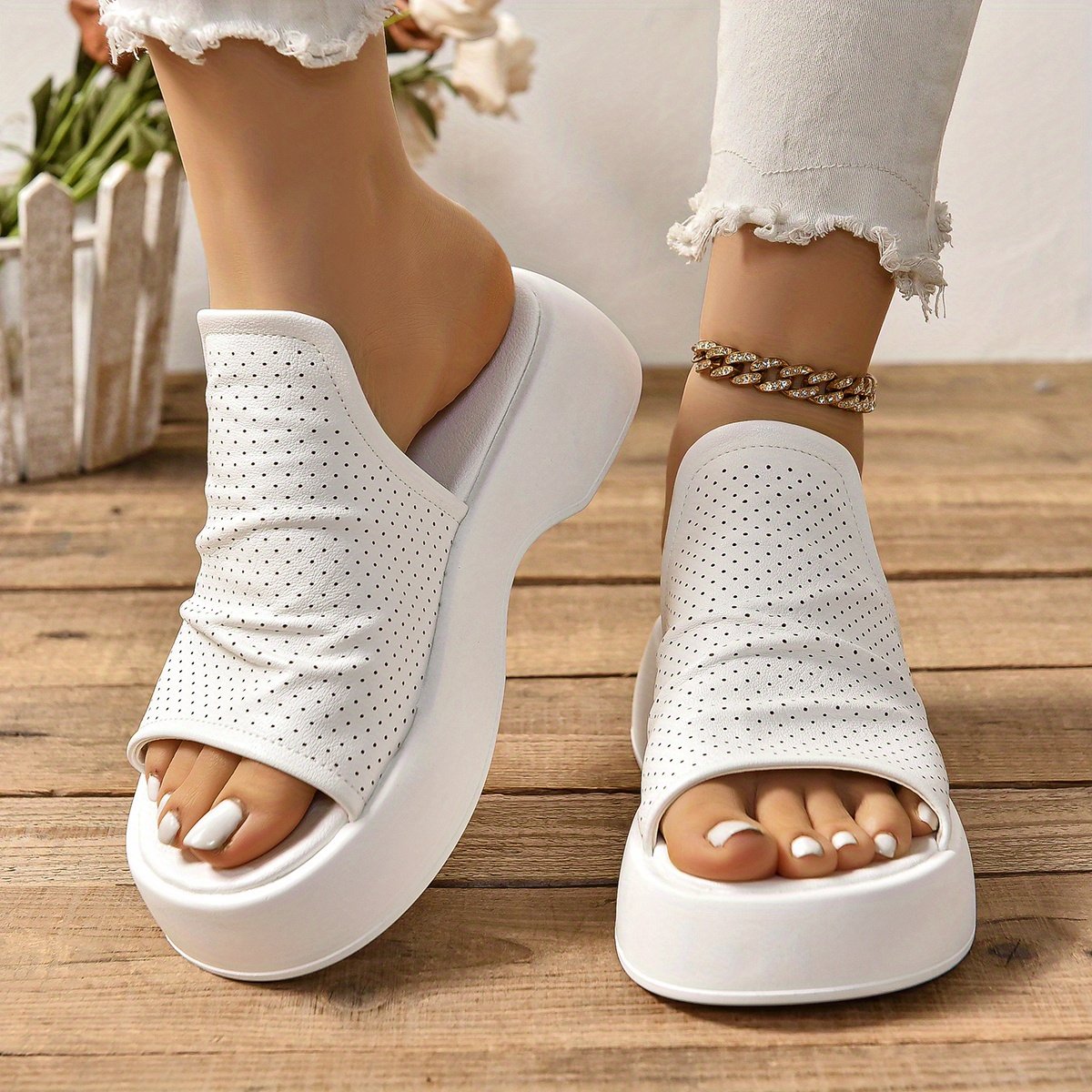 Women??s Platform Slide Sandals, Comfortable White Platform Perforated Design, Summer Breathable Wedge Footwear - Image 8