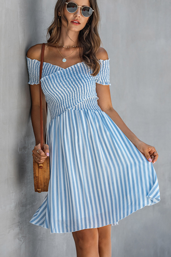 Smocked Chest Bardot Stripe Print Mini Dress - Image 3