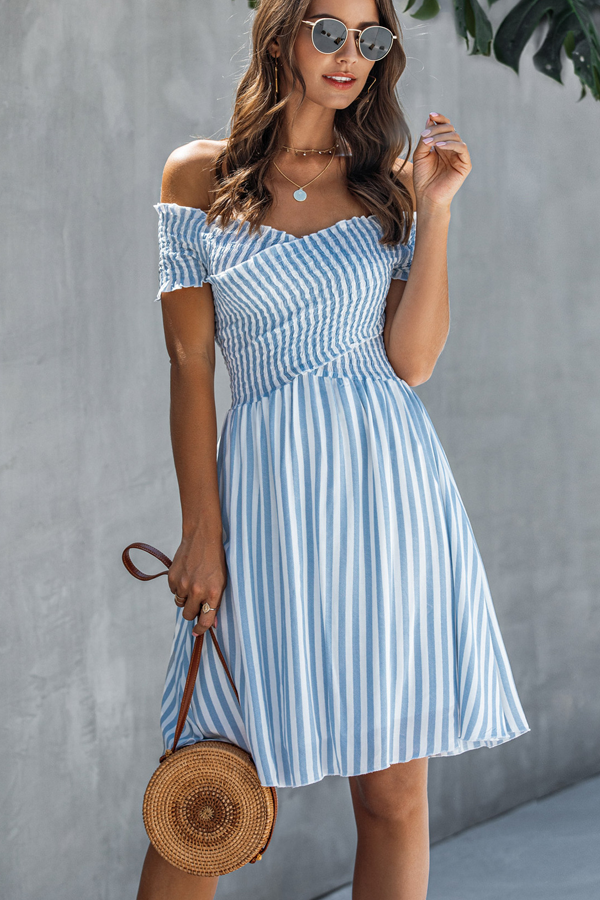 Smocked Chest Bardot Stripe Print Mini Dress - Image 5