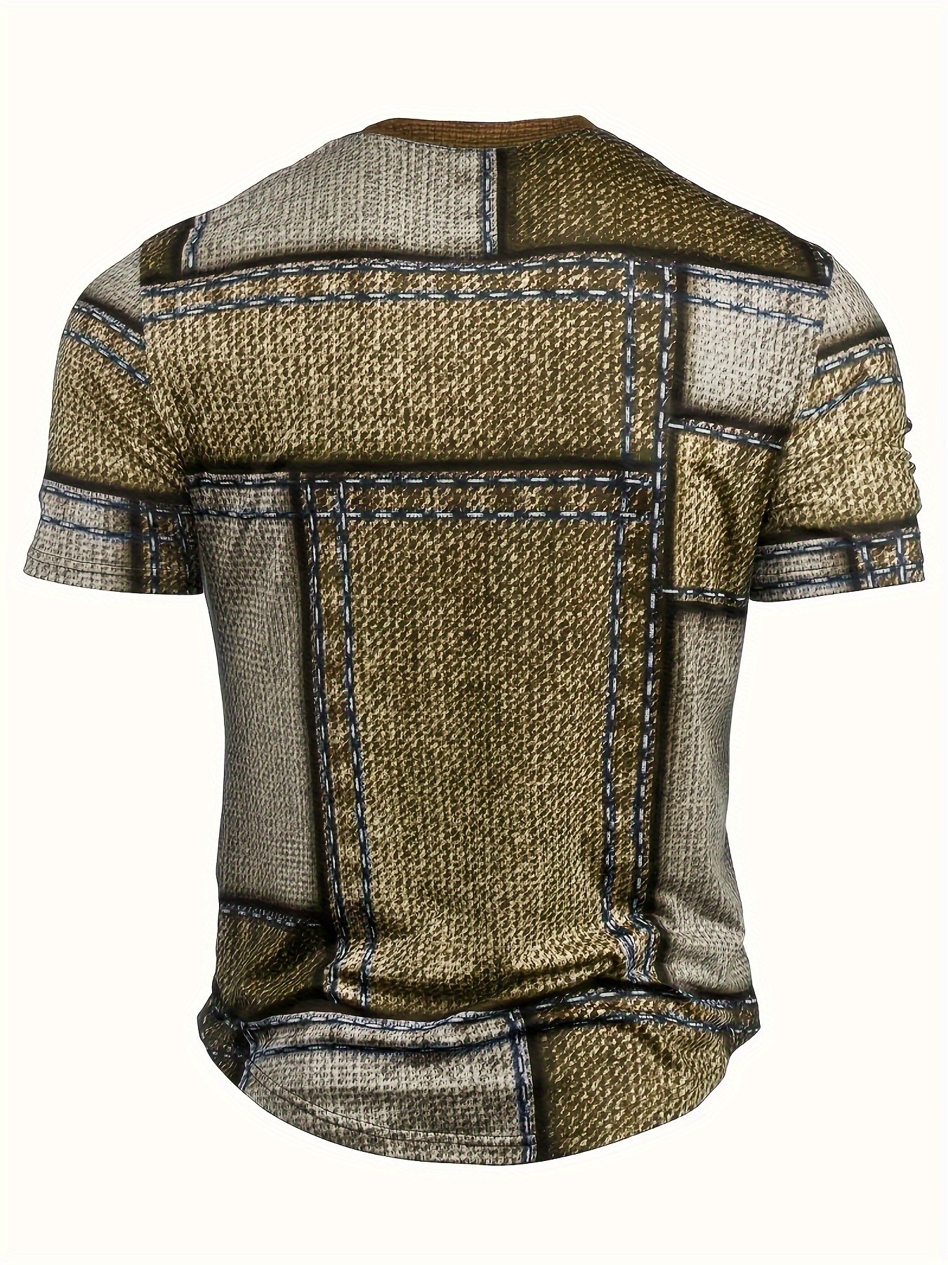 Men??s 3D Digital Denim Patchwork Pieces Pattern Print T-shirt With Buttoned Henley Neck And Short Sleeve, Casual And Chic Tops For Summer Outdoors Wear - Image 6