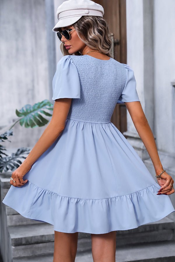 Solid Smocked V Neck Ruffle Hem Mini Dress - Image 6
