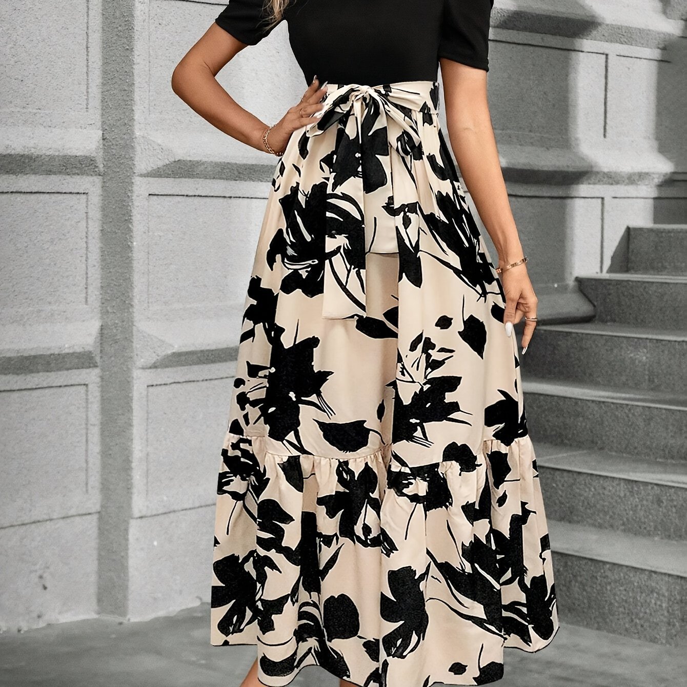 Lace Up Floral Print Splicing Dress, Elegant Crew Neck Short Sleeve Dress For Spring & Summer, Women??s Clothing - Image 4