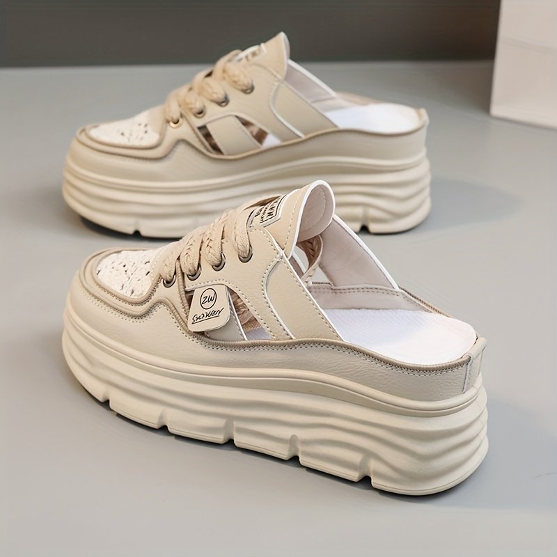 Women??s Breathable Platform Mule Sneakers, Casual Cutout Design Lace Up Shoes, Comfortable Summer Shoes