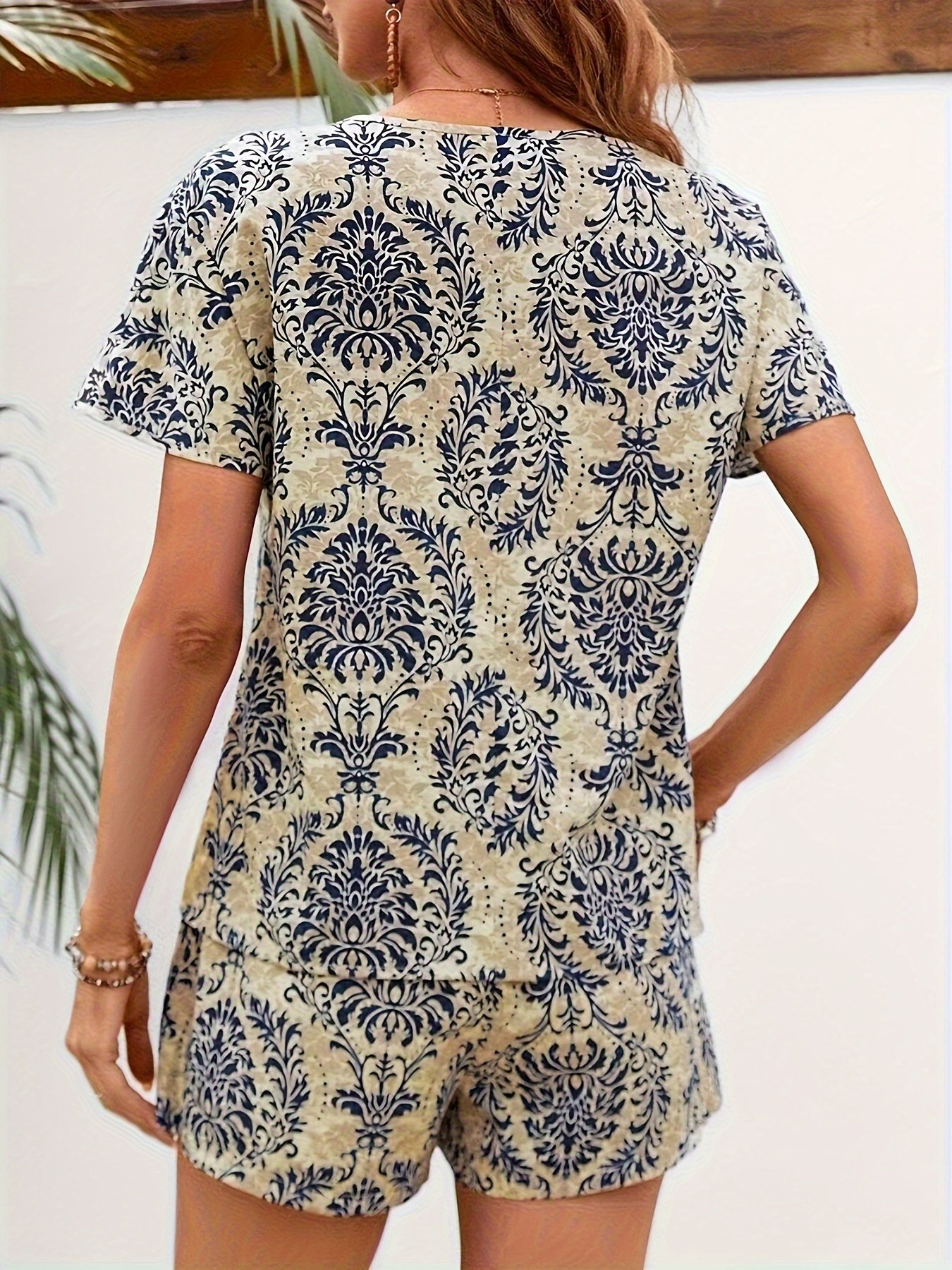 Elegant Ethnic Print Two Pieces, V Neck Short Sleeve Top & High Waist Shorts Outfits, Women??s Clothing - Image 4