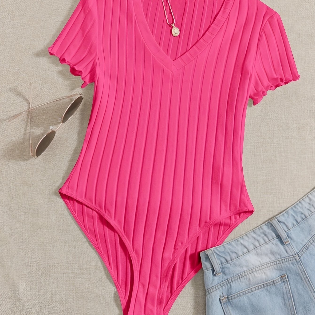 Solid V Neck Rib Knit Bodysuit, Casual Short Sleeve Basic Bodysuit, Women??s Clothing - Image 4