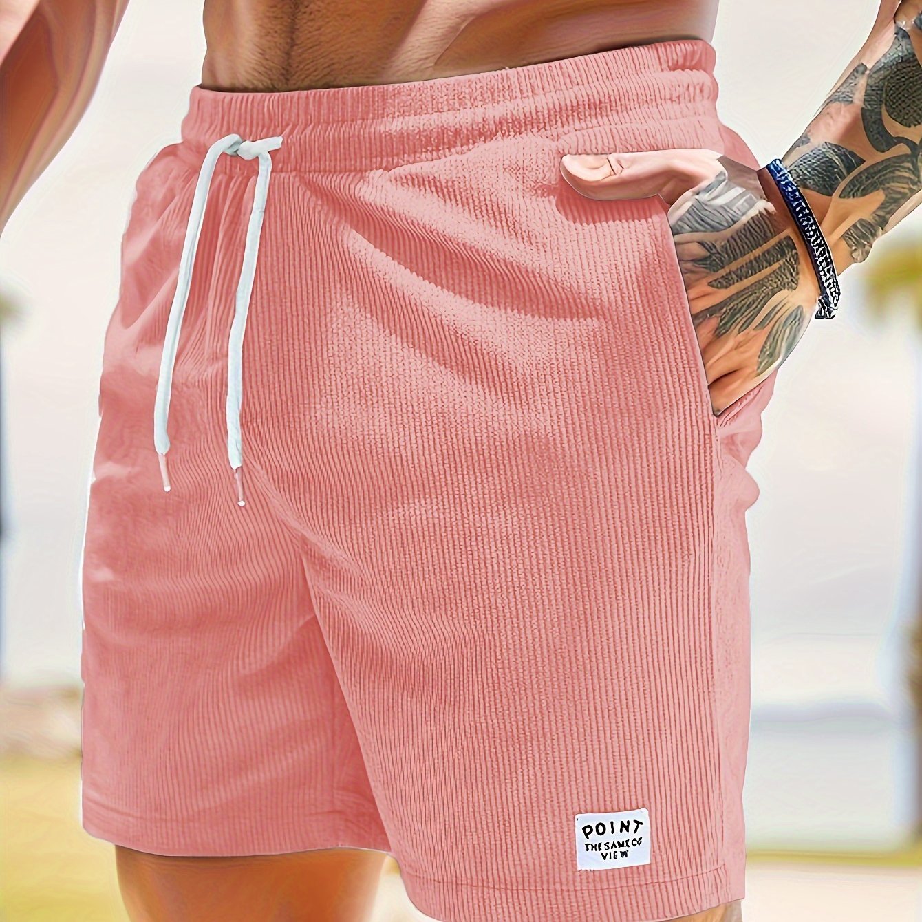 Men??s Label Patchwork Regular Fit Solid Shorts With Drawstring And Pockets, Casual And Chic Shorts For Summer Beach And Daily Leisurewear - Image 11