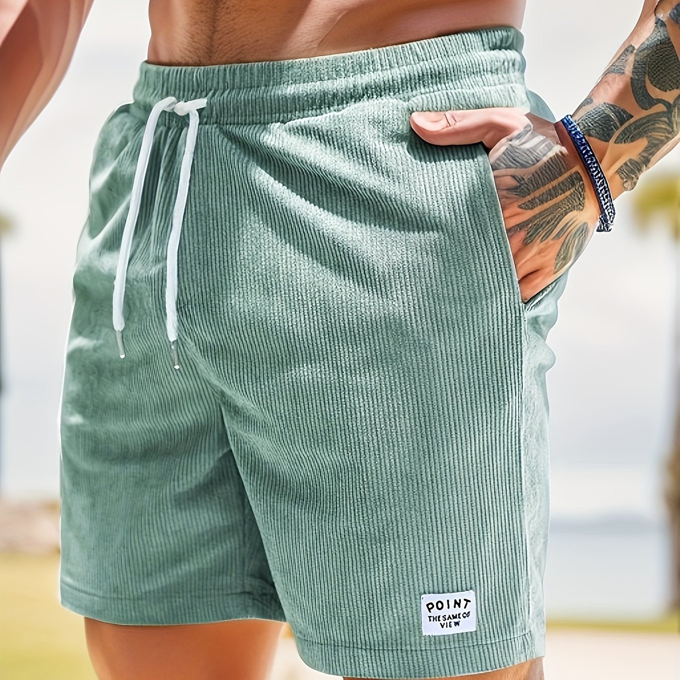 Men??s Label Patchwork Regular Fit Solid Shorts With Drawstring And Pockets, Casual And Chic Shorts For Summer Beach And Daily Leisurewear - Image 5