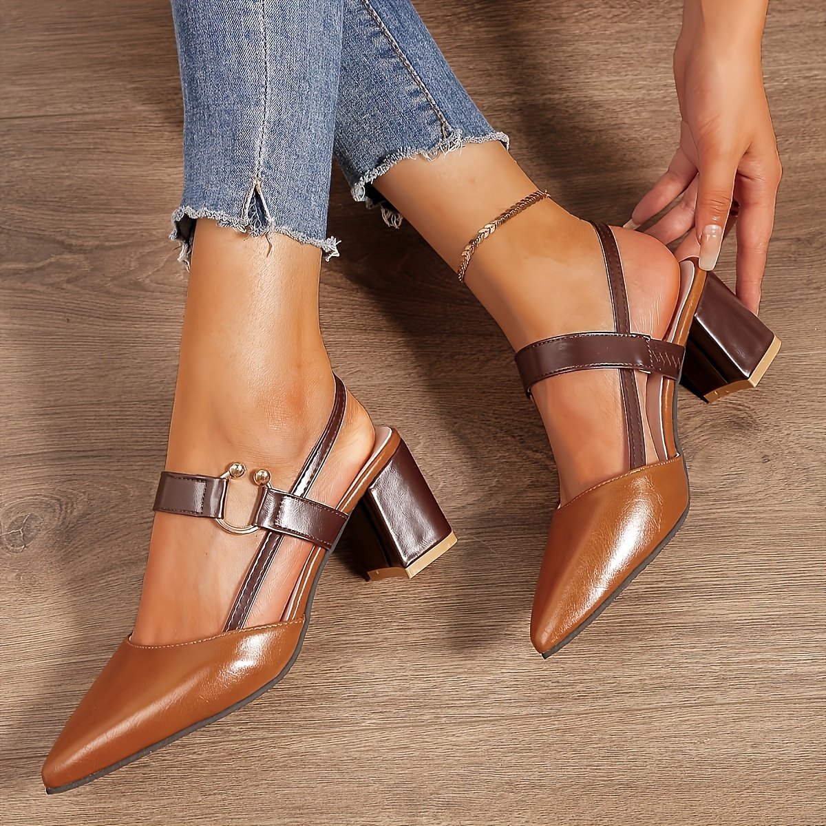 Women??s Pointed Toe Block High Heel Sandals, Fashion Solid Color Slingback Shoes, Versatile Mid Heels - Image 3