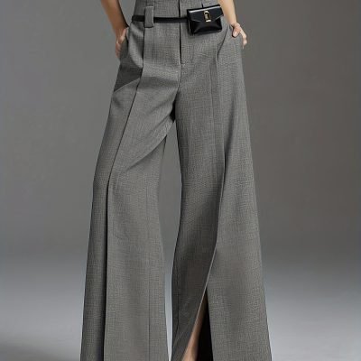 Solid Color Wide Leg Pants, Casual Split Hem Loose Suit Pants For Spring & Summer, Women??s Clothing