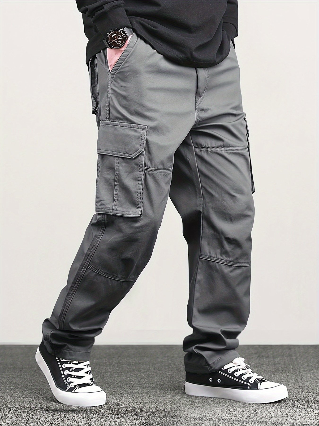 Men??s Classic Solid Color Cargo Pants with Multiple Flap Pockets, Straight-Leg, Drawstring Waist, Loose Fit for Hiking, Fishing, Streetwear, and Outdoor Camping Casual Style