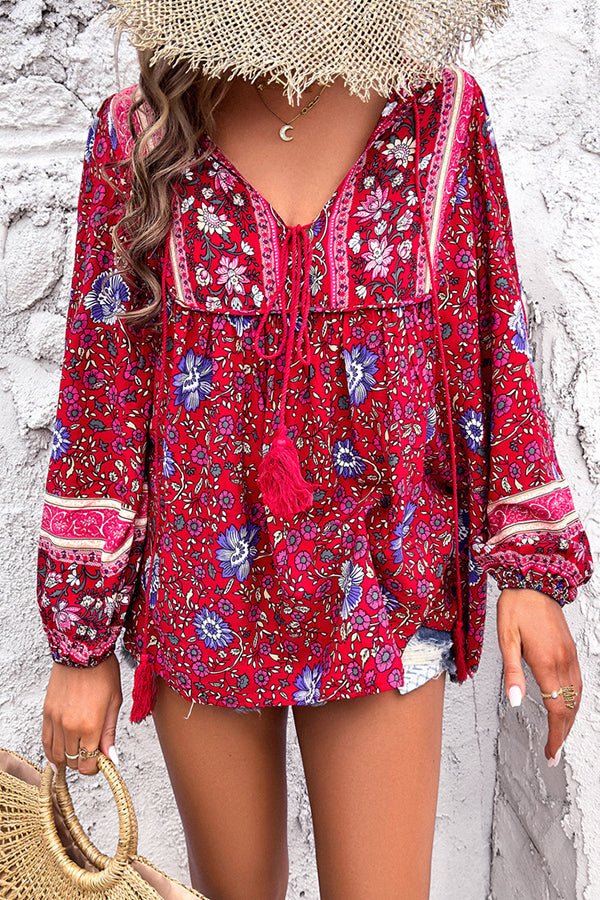 Bohemian Floral Print V Neck Casual Tops - Image 4