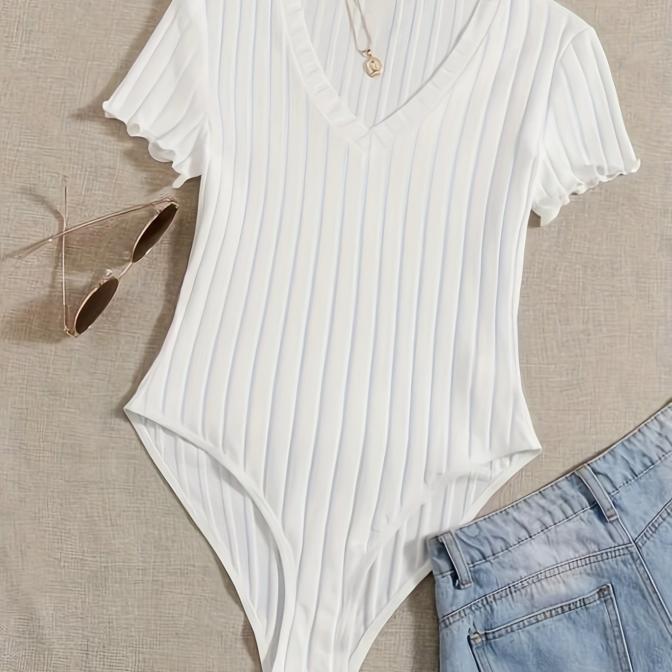 Solid V Neck Rib Knit Bodysuit, Casual Short Sleeve Basic Bodysuit, Women??s Clothing - Image 2