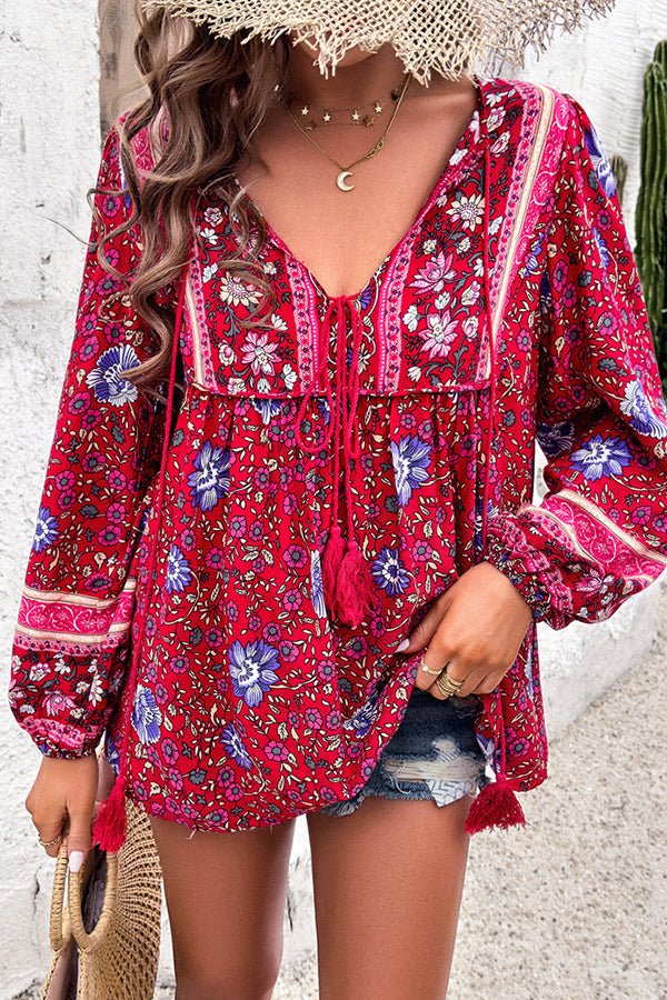 Bohemian Floral Print V Neck Casual Tops
