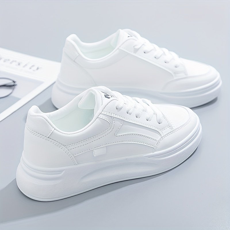 Women??s Platform Skate Shoes, Versatile Height Increasing Lace Up Low Top Shoes, Outdoor Walking White Shoes