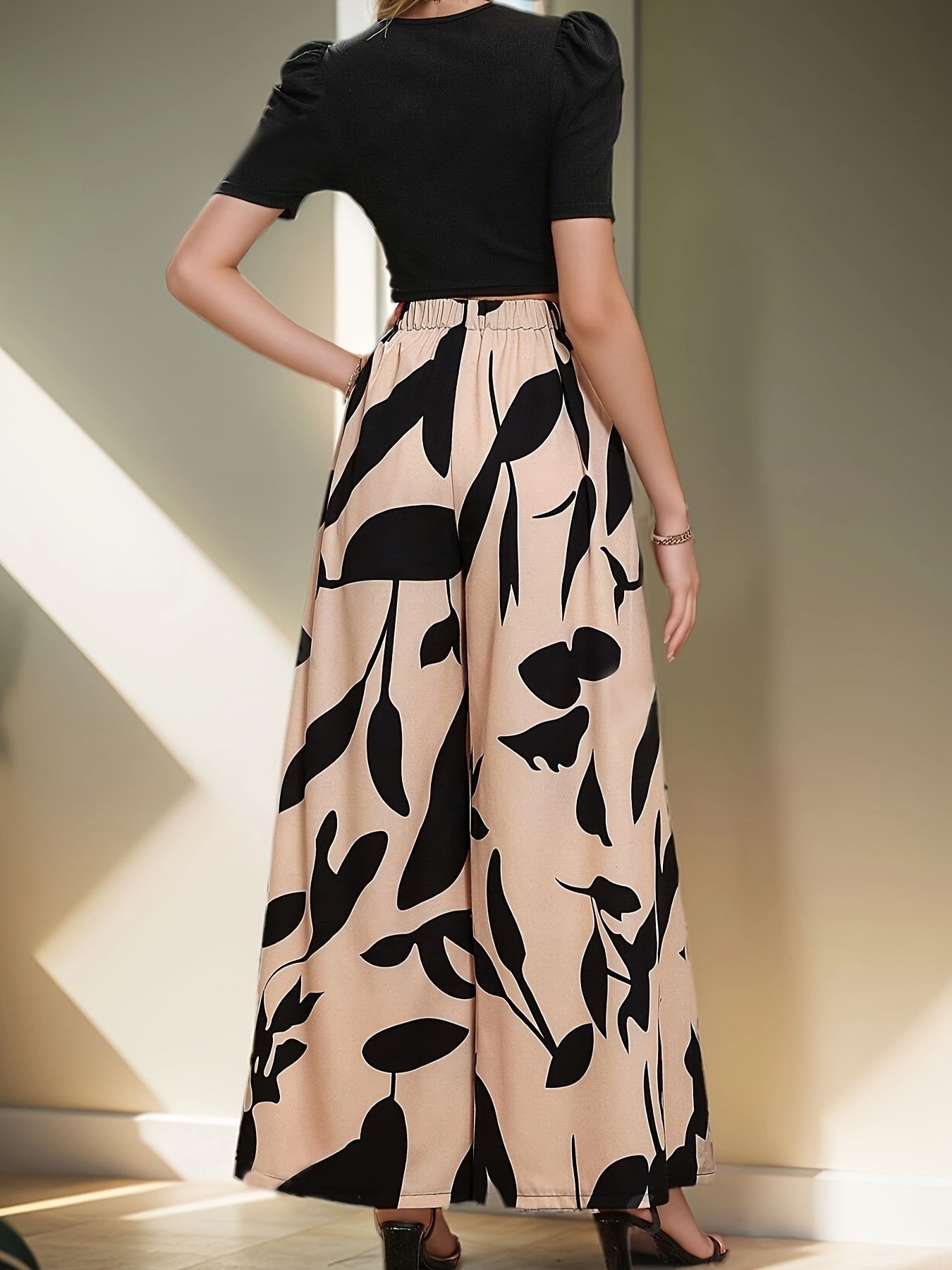 Elegant Two-piece Pantsuits Set, Solid Color Crew Neck T-shirt & Leaf Print Wide Leg Pants Outfits, Women??s Clothing - Image 5