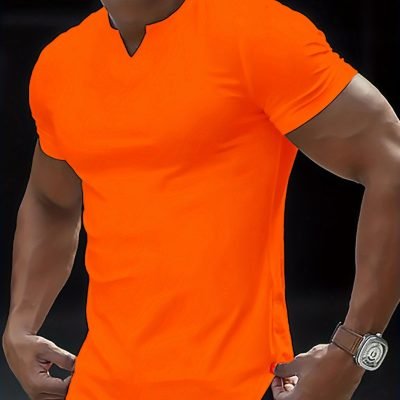 Solid Color Men??s Comfy V-Neck Medium Stretch T-shirt, Men??s Summer Clothes, Men??s Outfits