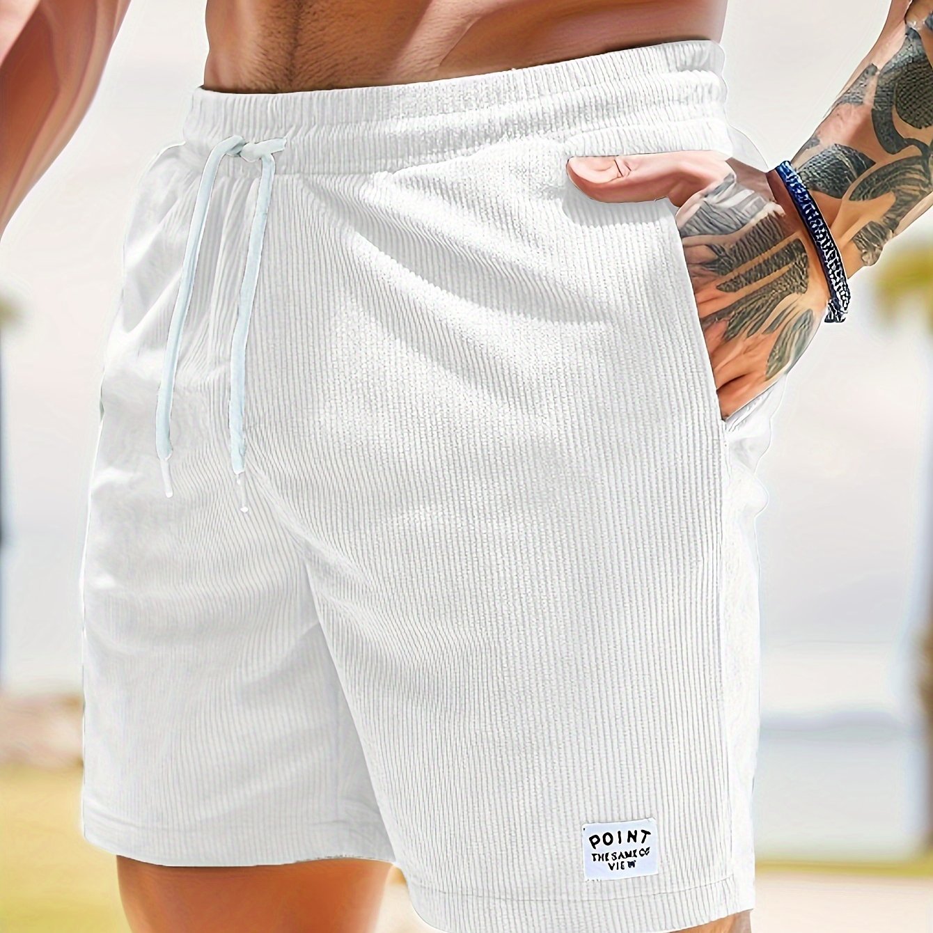 Men??s Label Patchwork Regular Fit Solid Shorts With Drawstring And Pockets, Casual And Chic Shorts For Summer Beach And Daily Leisurewear - Image 8
