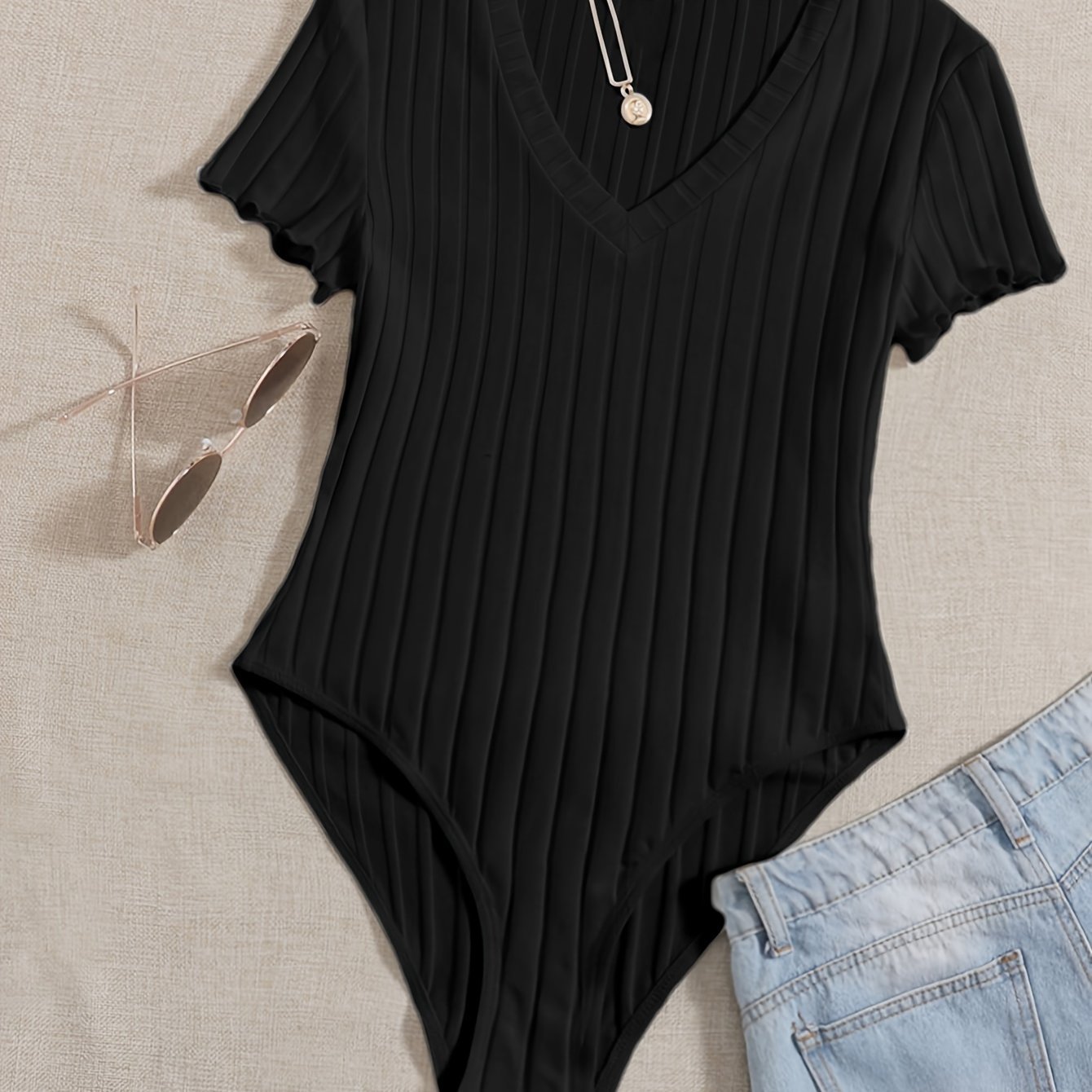 Solid V Neck Rib Knit Bodysuit, Casual Short Sleeve Basic Bodysuit, Women??s Clothing - Image 7