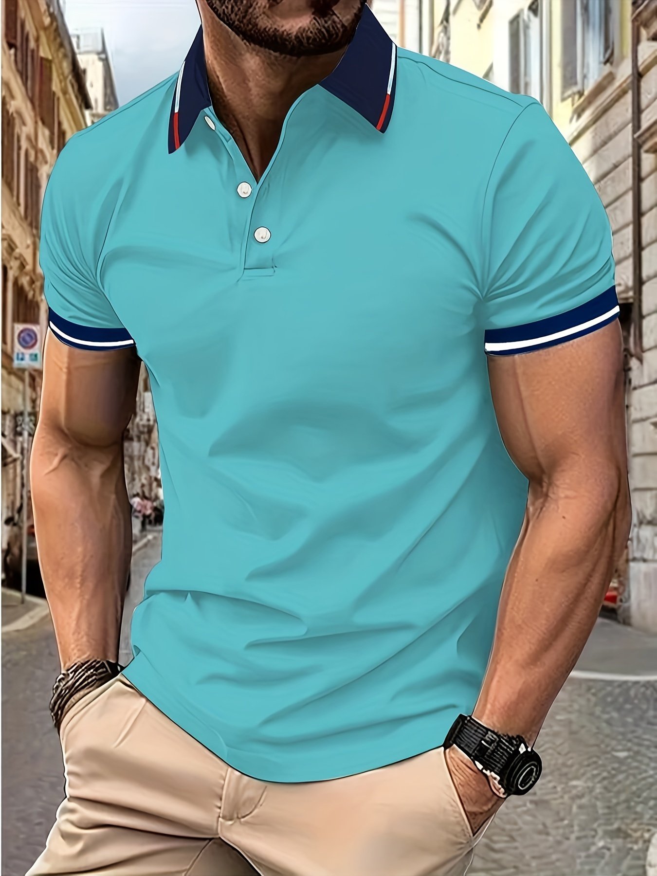 Breathable Contrast Binding Men??s Casual Short Sleeve Lapel Golf Shirt For Summer, Men??s Clothing