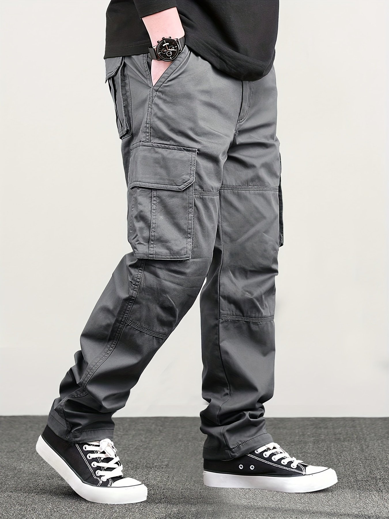 Men??s Classic Solid Color Cargo Pants with Multiple Flap Pockets, Straight-Leg, Drawstring Waist, Loose Fit for Hiking, Fishing, Streetwear, and Outdoor Camping Casual Style - Image 7