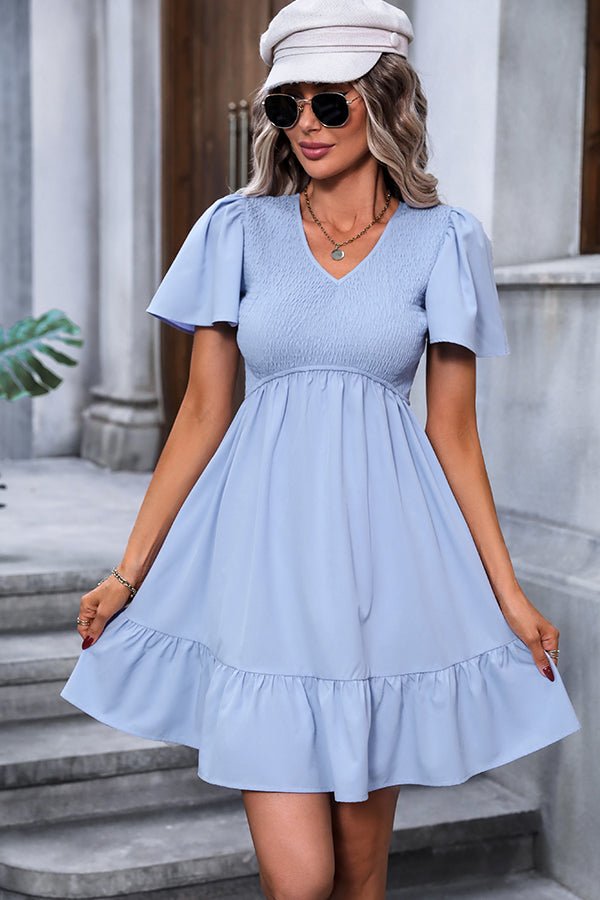 Solid Smocked V Neck Ruffle Hem Mini Dress - Image 3