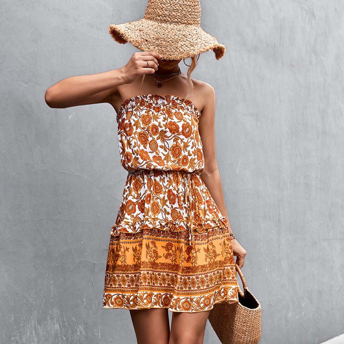 Bohemian Floral Print Smocked Mini Dress - Image 5