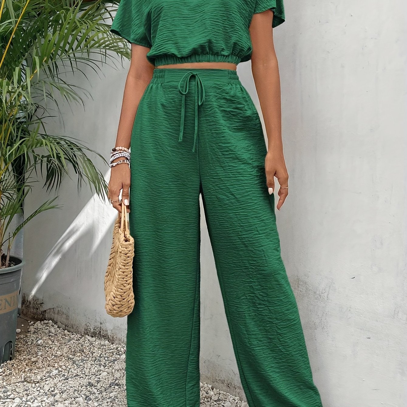 Solid Color Summer & Spring Casual Two-piece Set, Batwing Sleeve Crop Top & Tie Front Pants Outfits, Women??s Clothing - Image 4