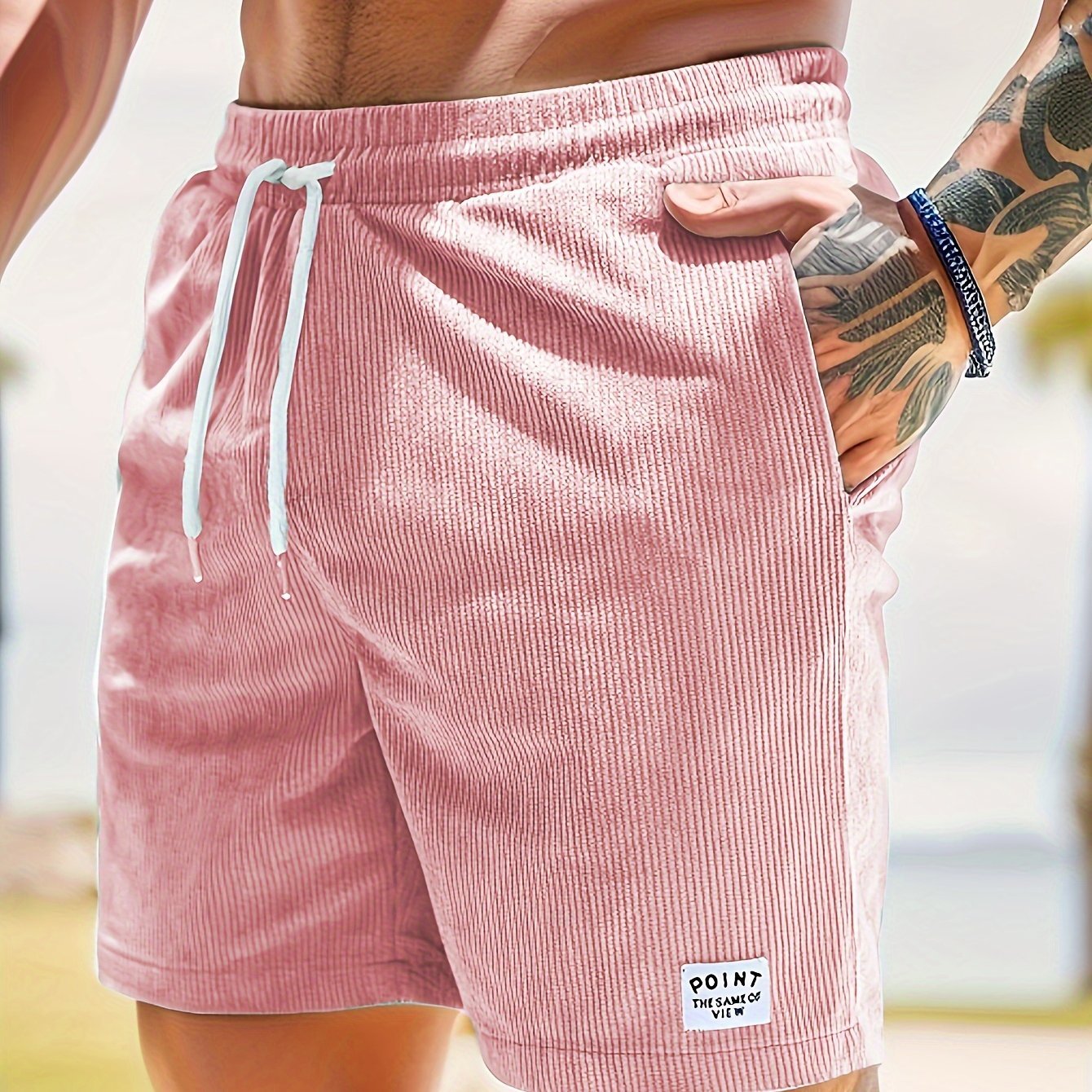 Men??s Label Patchwork Regular Fit Solid Shorts With Drawstring And Pockets, Casual And Chic Shorts For Summer Beach And Daily Leisurewear - Image 9