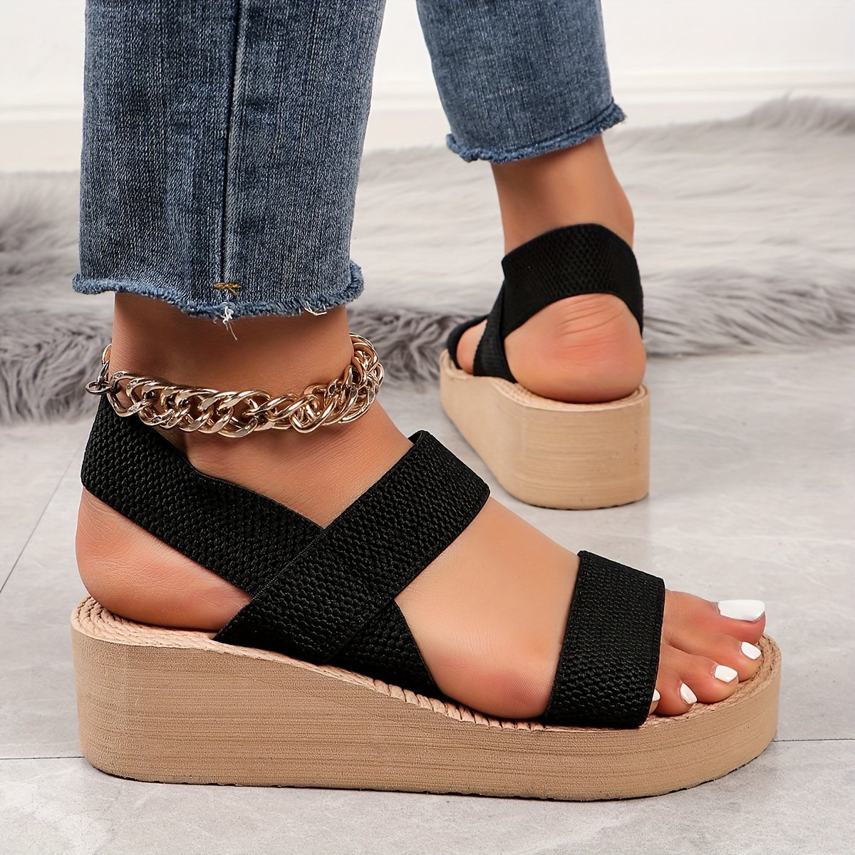 Women??s Summer Wedge Sandals, Casual Round Open Toe Elastic Band Shoes, Comfortable Slip On Beach Sandals - Image 7