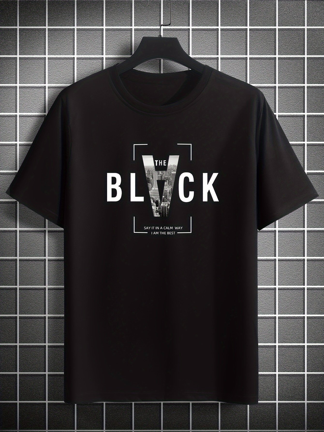 BLACK Creative Alphabet Print Casual Crew Neck Short Sleeve T-shirt For Men, Quick-drying Comfy Casual Summer Tops For Daily Wear Work Out And Vacation Resorts
