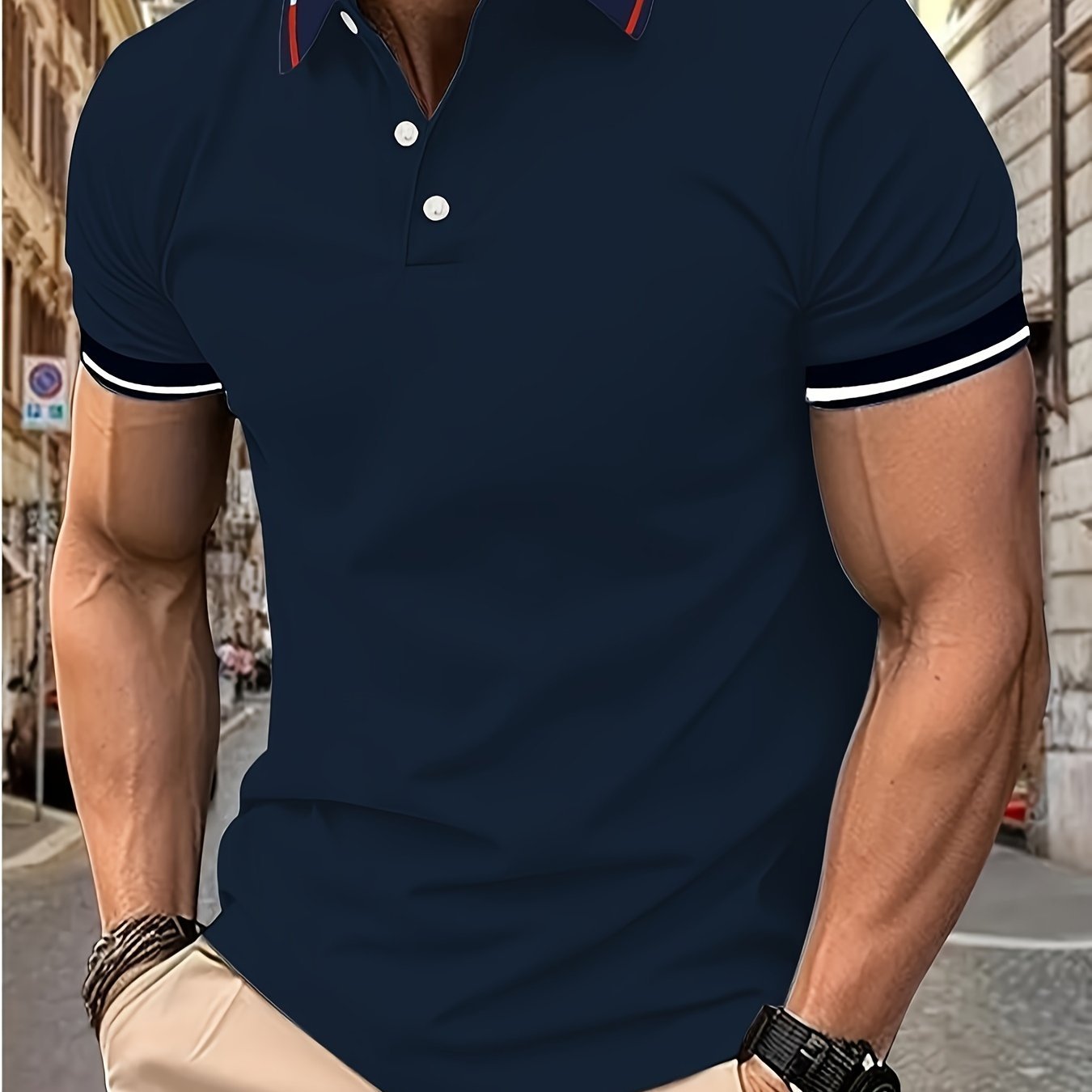 Breathable Contrast Binding Men??s Casual Short Sleeve Lapel Golf Shirt For Summer, Men??s Clothing - Image 2