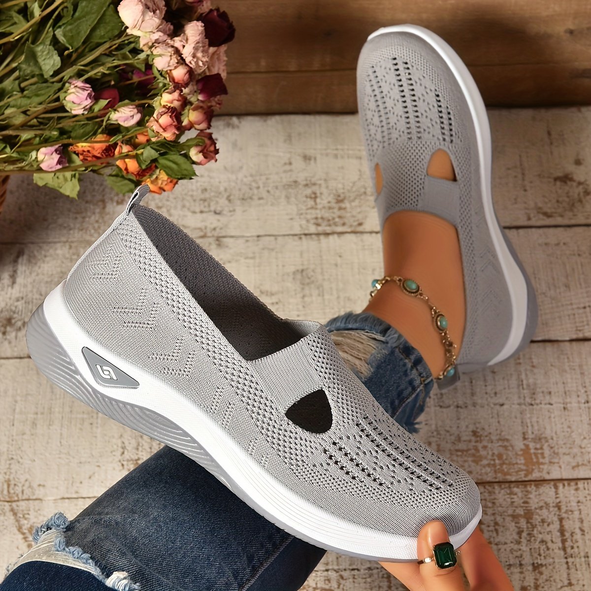 Women??s Cut-out Sneakers, Casual Breathable Slip On Walking Shoes, Lightweight Outdoor Flat Shoes - Image 8