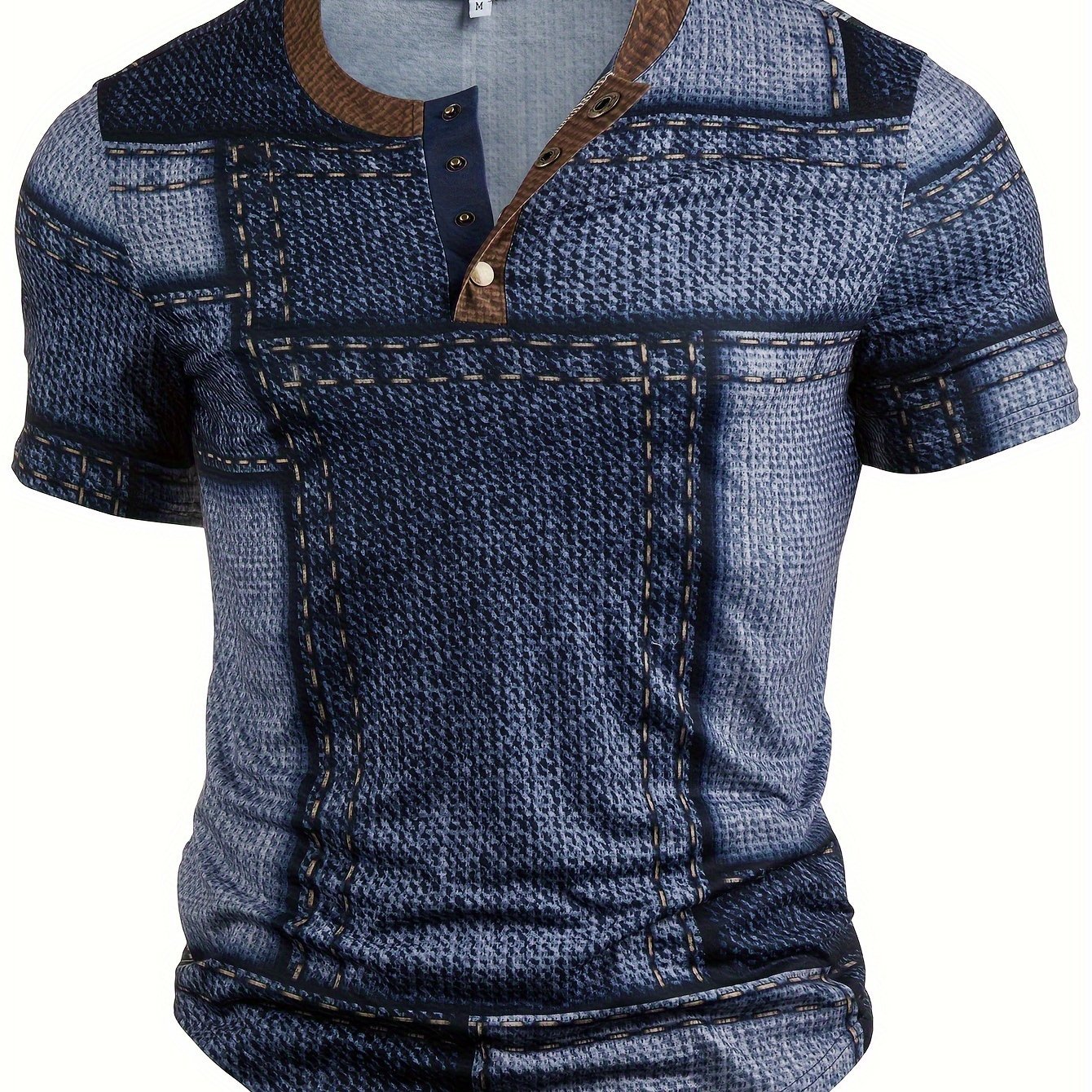 Men??s 3D Digital Denim Patchwork Pieces Pattern Print T-shirt With Buttoned Henley Neck And Short Sleeve, Casual And Chic Tops For Summer Outdoors Wear - Image 5